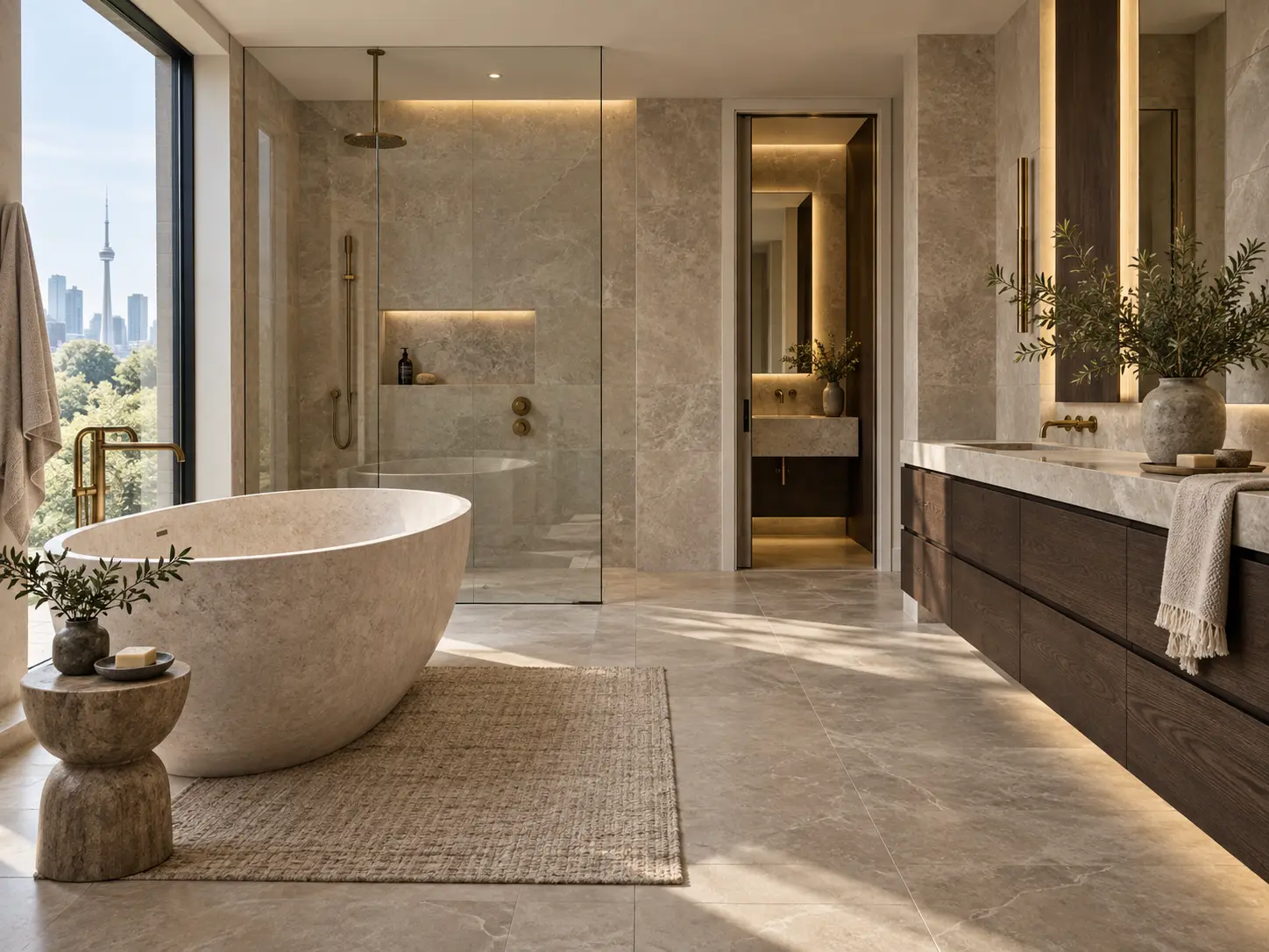 Luxury bathroom design with stone surfaces and custom vanity
