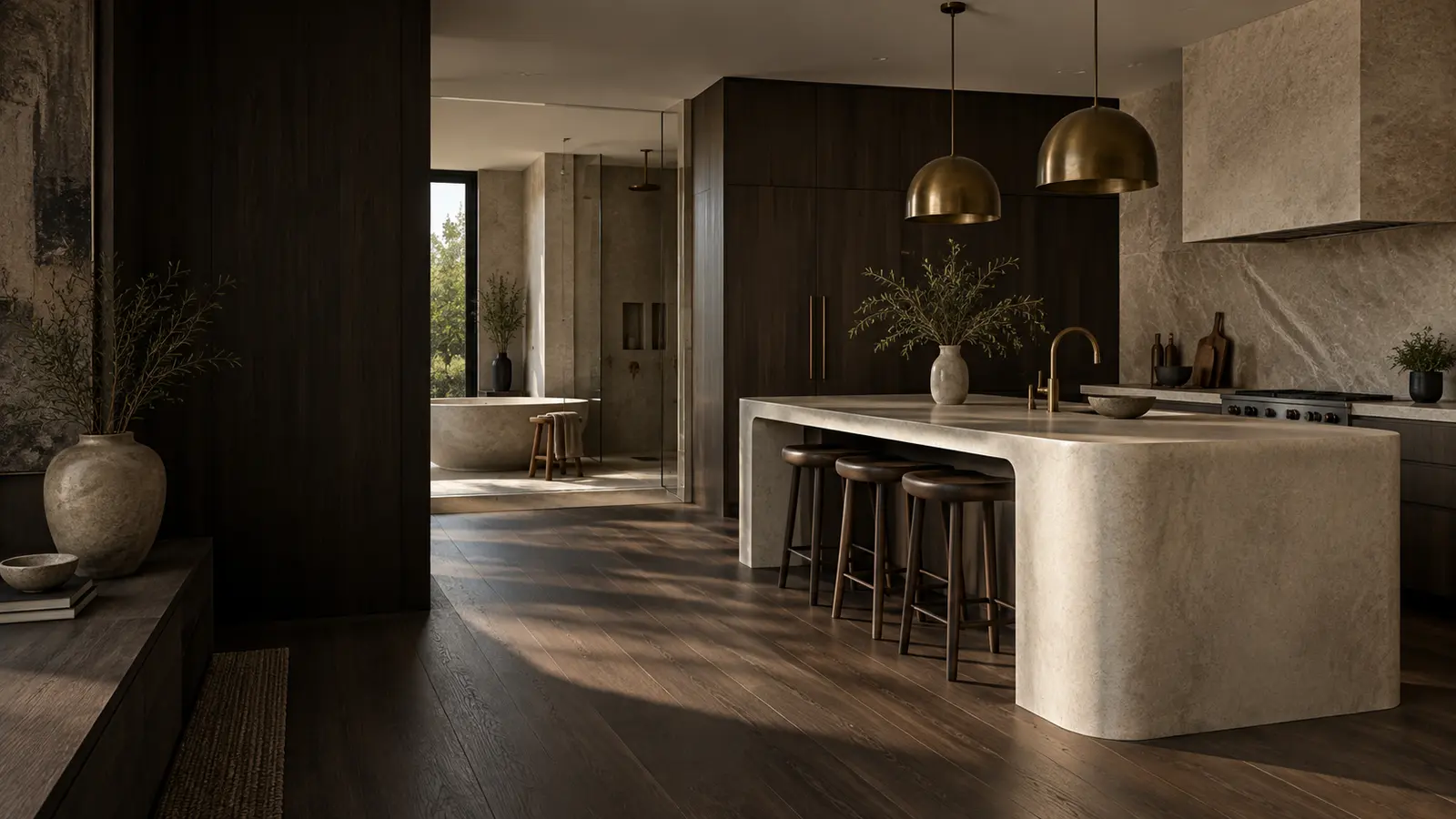 Contemporary kitchen with warm wood and stone island