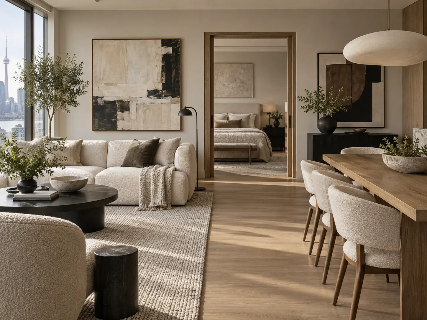 Coordinated living, dining, and bedroom interior